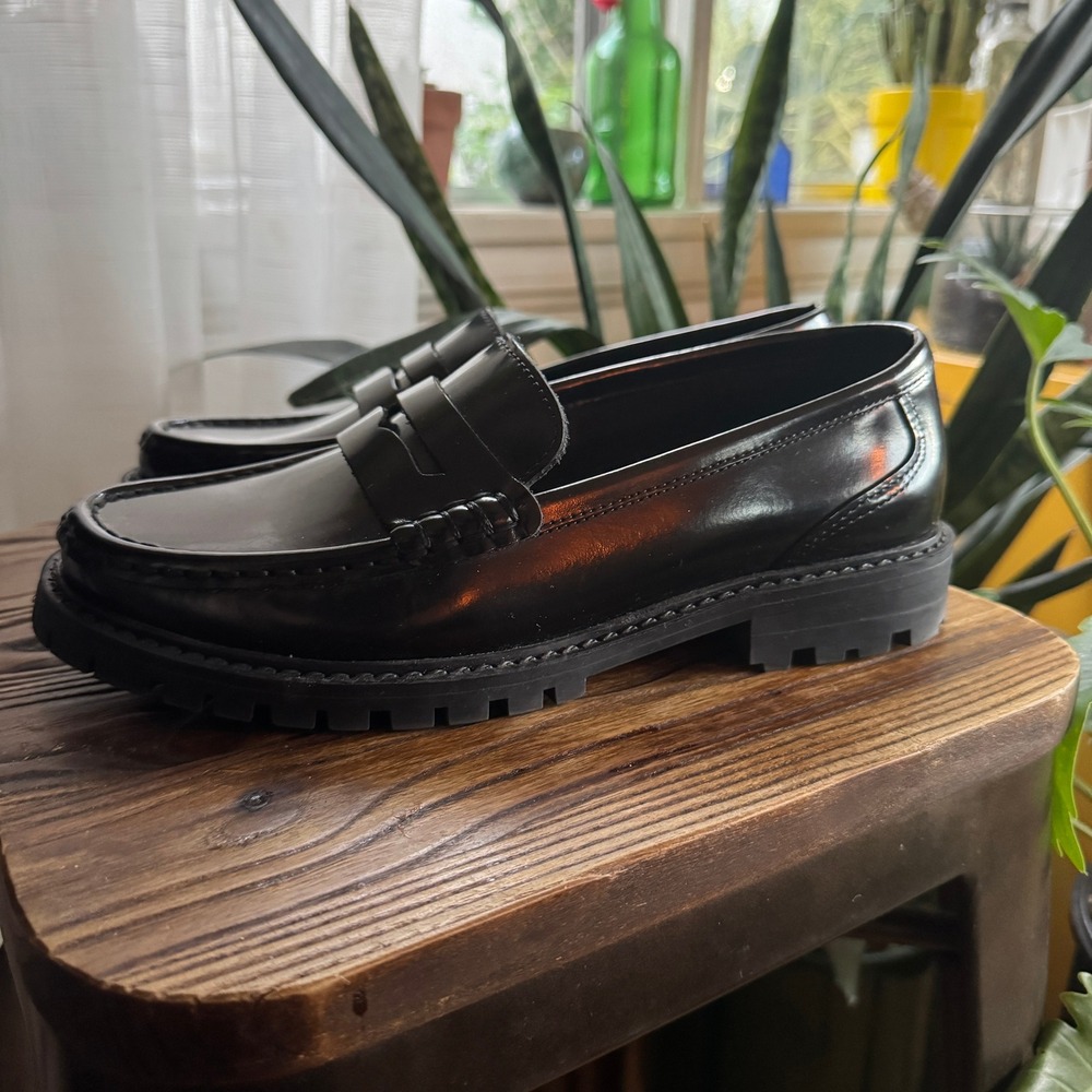 Maeve Black Leather Lug Sole Penny Loafers Women Size 40 Chunky Slip On Shoes